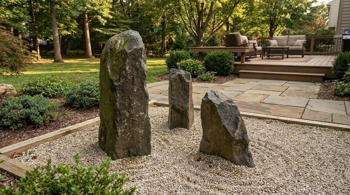 A traditional Japanese Zen garden arrangement featuring three vertical stones positioned in a scalene triangle to represent sacred Buddhist triads. The tallest stone anchors the composition while smaller stones provide balance, with one-third of each stone's height buried for stability. Stones are angled slightly toward the primary viewing position, creating visual tension and asymmetrical harmony that draws the eye through the composition.