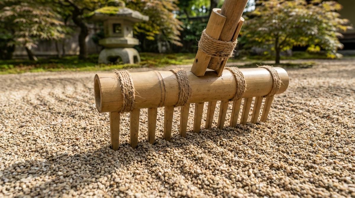 A close-up view of a bamboo rake head designed for zen gardens, featuring natural fiber ties for attachment to standard handles. The detachable design allows switching between lawn maintenance and creating intricate patterns in gravel. The rake head measures 8-12 inches wide with deep-set tines spaced 15-20mm apart, ideal for maintaining consistent pressure during raking strokes in expansive garden areas.