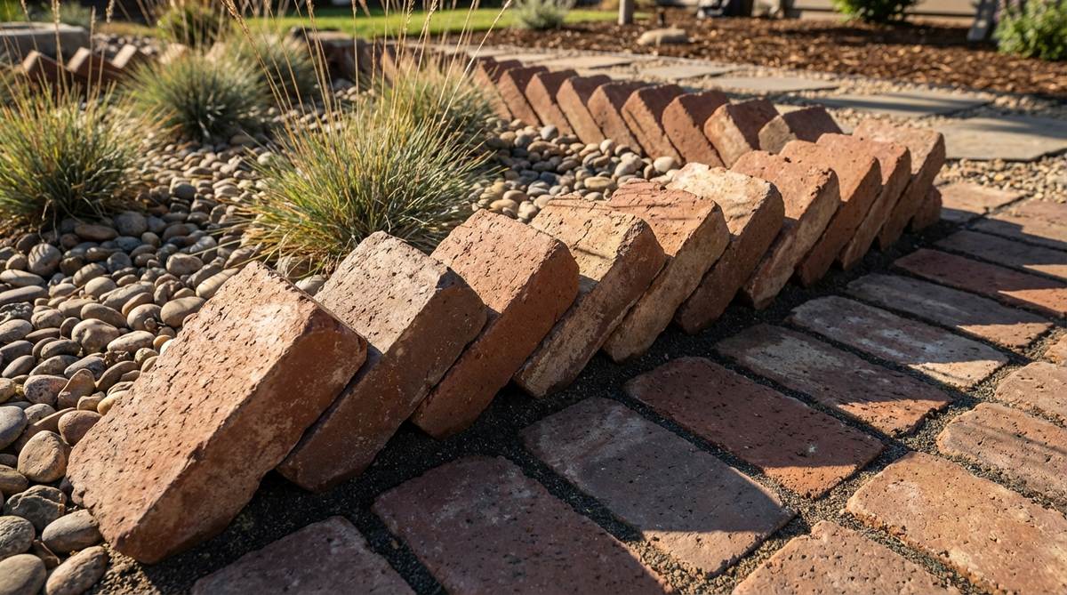 A close-up image showing bricks arranged in a tilted soldier pattern at a 45-degree angle, creating a sawtooth profile for garden edging. The bricks lean against each other without mortar, with sand tamped into gaps to secure the pattern, highlighting shadow play and textural interest in a stone garden setting.