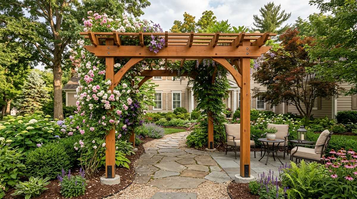 A sturdy timber-framed garden arbor made from 4x4 posts and 2x6 cross beams, anchored in concrete footings, supporting climbing plants like roses, clematis, or wisteria. It features horizontal lattice panels for vine support and is stained in natural tones to complement home exteriors, creating a focal point with dappled shade for outdoor seating and garden pathways.