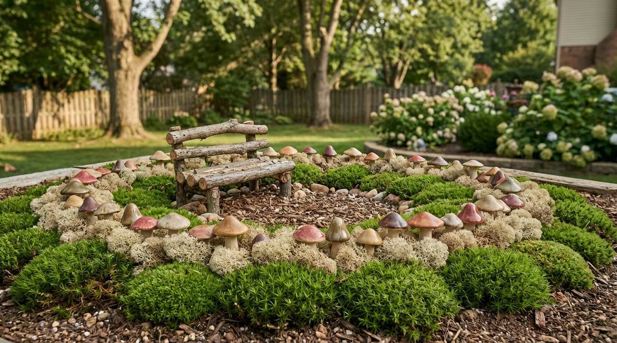A miniature garden arrangement featuring a circular ring of decorative toadstools on preserved reindeer moss, with Irish moss ground cover and a small log bench inside the circle, creating a fairy gathering space with clear spatial organization.