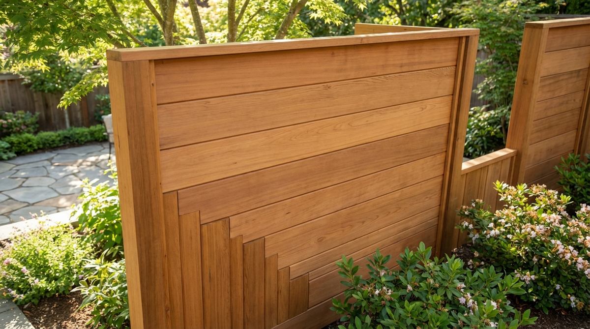 A close-up view of interlocking tongue-and-groove fence boards creating a solid privacy barrier with no visible gaps. The smooth, uniform surface is ideal for staining or painting, made from durable redwood or cedar for outdoor longevity. This construction provides superior structural integrity and effective sound dampening for properties near busy areas.