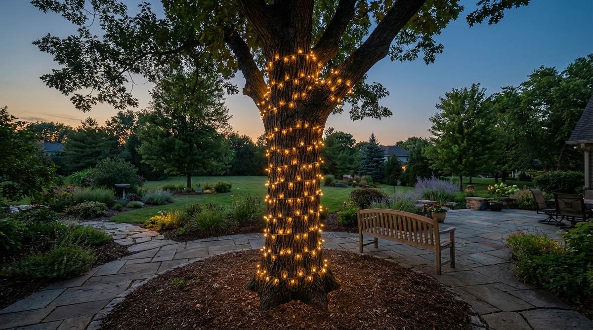 A deciduous tree trunk wrapped vertically with spiral mini lights, showing consistent spacing between rotations from ground level to the branch collar. The brown wire blends seamlessly with the bark, creating a luminous vertical sculpture in a garden design setting.