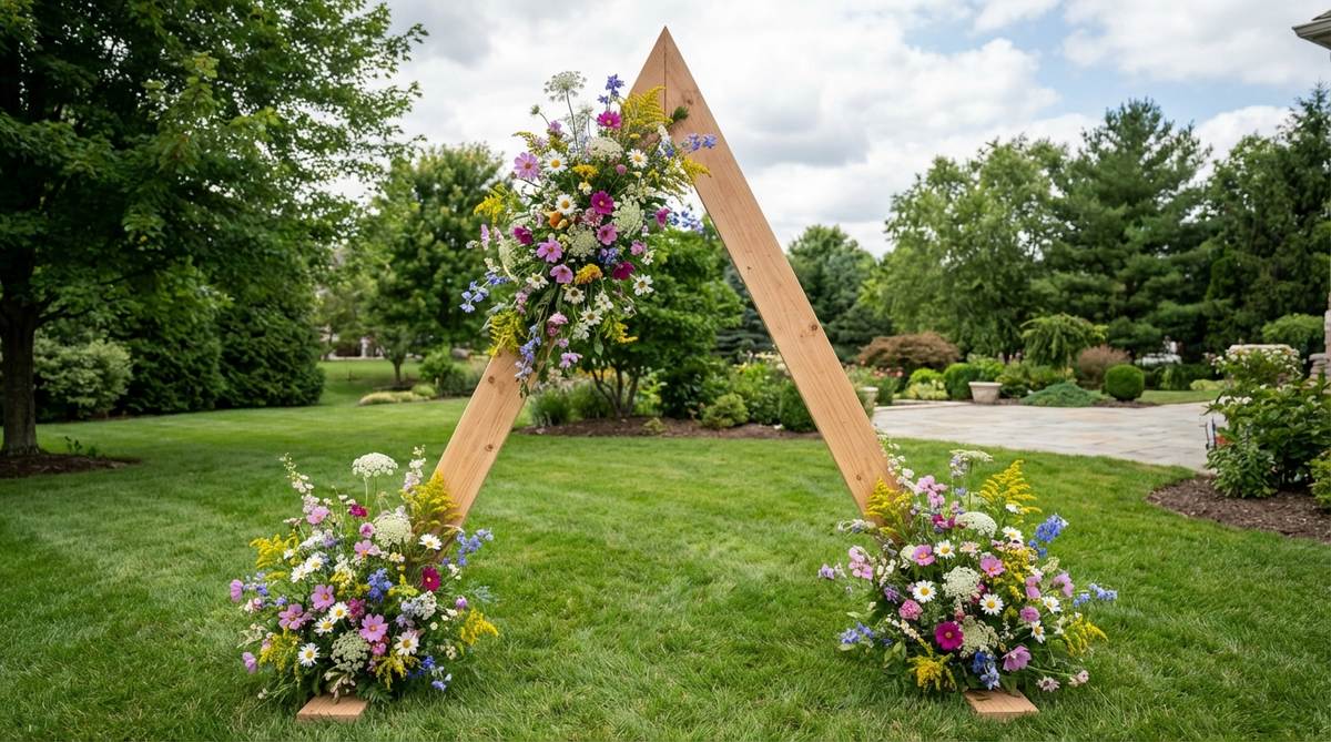 A modern boho wedding decoration featuring a triangular wooden arch with wildflower clusters at the peak and base. The geometric structure is made from raw or whitewashed timber, showcasing clean lines that balance the abundance of daisies, cosmos, Queen Anne's lace, and native blooms. This design creates beautiful focal points while allowing the wood grain to show through, perfect for framing the couple in photographs from multiple angles.