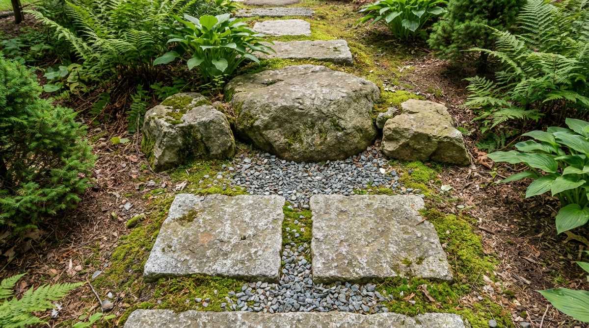 A close-up photograph showing the traditional Japanese garden stepping stone arrangement with a two-three rhythm sequence. Two medium-sized stone slabs are placed close together, followed by a cluster of three stones - one large central stone flanked by two smaller companion stones. The arrangement demonstrates how this pattern regulates walking pace and encourages mindfulness in tea garden design, with moss and gravel visible between the stones.