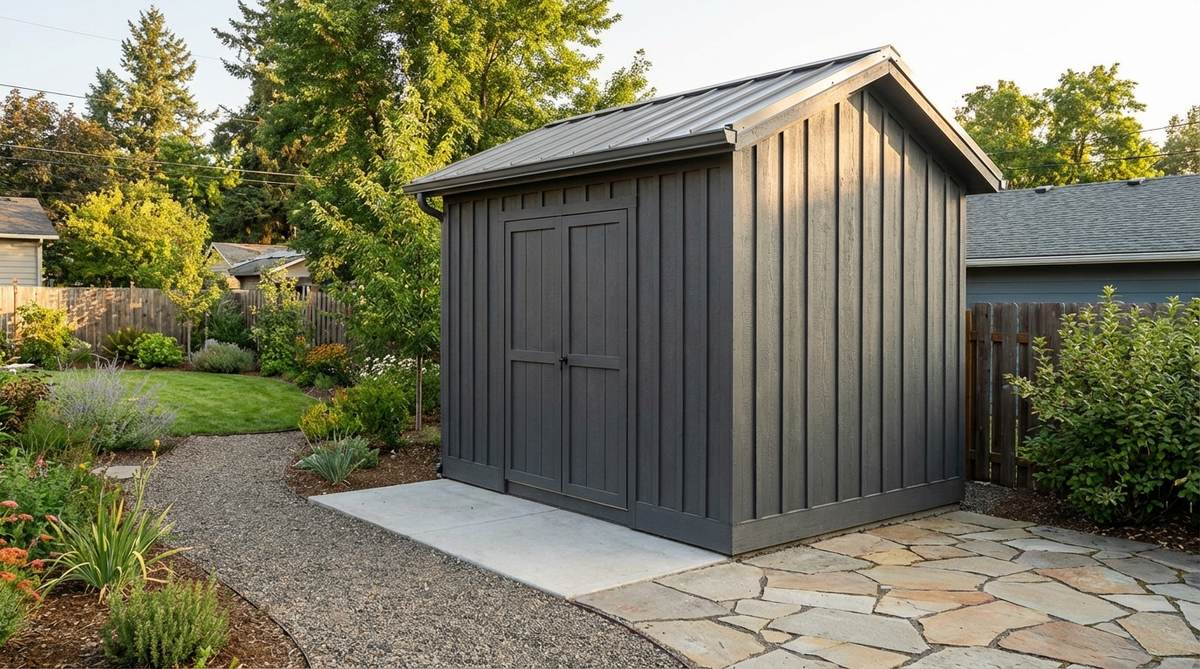 A modern garden shed featuring vertical board and batten siding in charcoal or navy paint, creating visual height and architectural significance for compact 8x10 structures. The engineered wood construction with weather-resistant treatment ensures durability in humid climates while efficiently shedding water to prevent moisture damage.