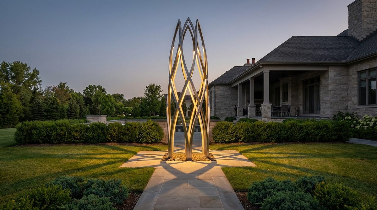 A tall stainless steel garden sculpture featuring interconnected petals in a slender form, inspired by Mediterranean pencil pines. The piece has internal LED lighting that creates dramatic shadows after sunset, ideal for formal garden entries or as a boundary marker in contemporary landscapes.
