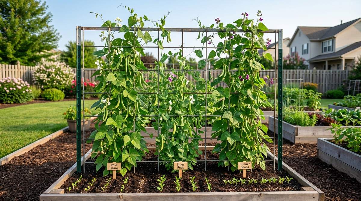 A full-height cattle panel installed vertically between T-posts creates an 8-foot-tall support structure for pole beans, snap peas, and runner beans. The vertical orientation allows for easier harvesting and cleaner pods compared to traditional teepee structures, with seeds planted 3 inches apart along the base and vines trained upward through the 4-inch openings.