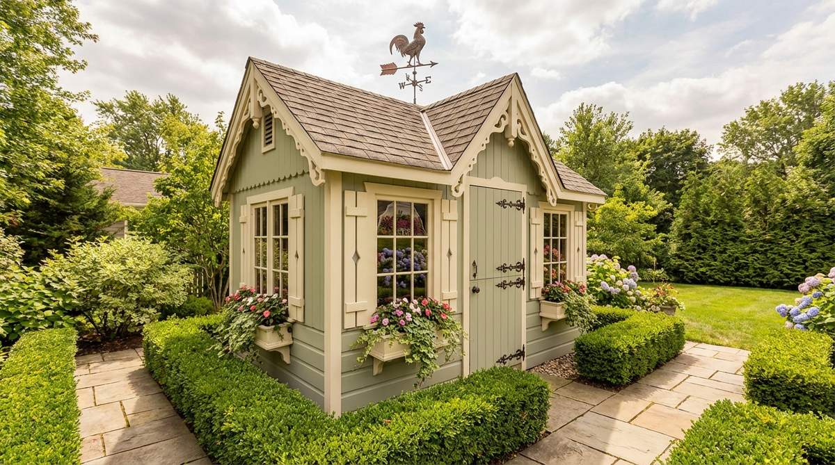 A Victorian-style mini garden shed with ornate gingerbread trim on a peaked roof, decorative shutters, and multipaned windows reflecting miniature garden scenes. Painted in subtle lavender or sage with cream accents, it features copper weathervane details and wrought-iron hardware, ideal as a focal point at garden path intersections or near formal flower beds.