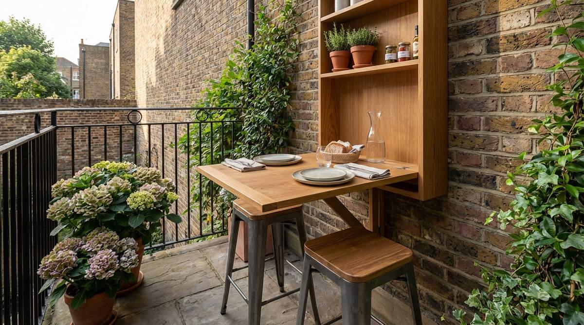 A space-saving wall-mounted drop-leaf dining table installed on a narrow balcony or small garden patio. The hinged table folds down to provide 24-36 inches of dining surface for two people, with bar stools tucked neatly underneath. The semi-circular or rectangular leaf is shown in use during an outdoor meal, demonstrating how this configuration maximizes limited space without blocking walkways or door access. Some models feature integrated shelves above the table for condiments or small planters.