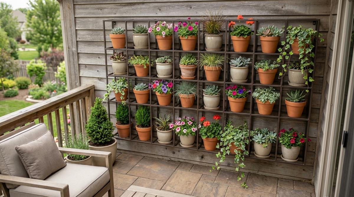 A metal or wooden grid wall-mounted planter system with terracotta pots and ceramic containers arranged in a structured pattern, featuring succulents, flowering annuals, and evergreen foliage for low-maintenance, year-round balcony decor.