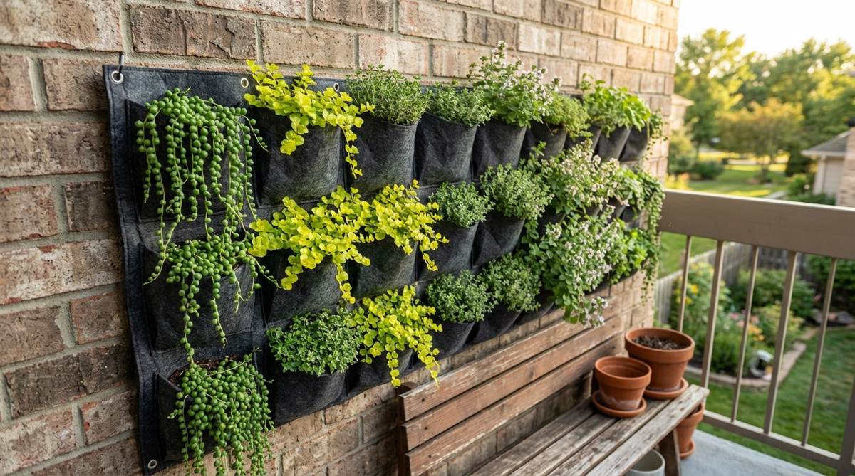 A wall-mounted fabric pocket planter grid attached to a balcony wall, showcasing a uniform grid pattern with small plants like string of pearls, creeping jenny, thyme, and oregano in various pockets, illustrating an efficient and visually appealing vertical gardening solution for balcony decor.