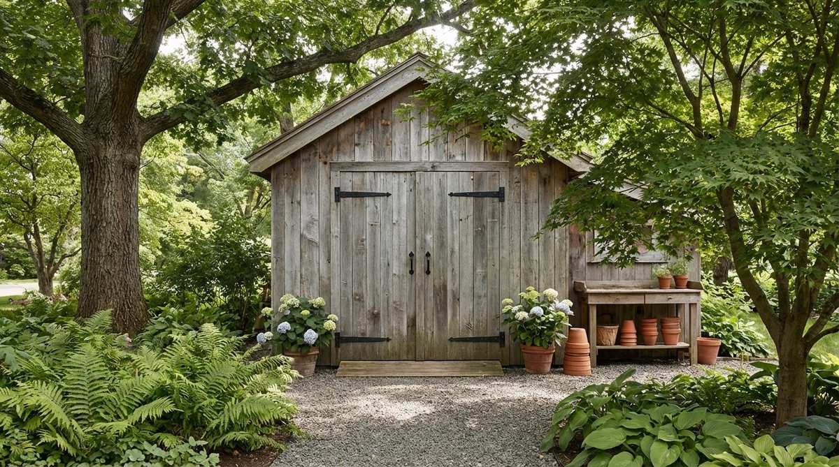 A rustic garden shed constructed from reclaimed weathered planks with natural silver-gray patina, featuring black iron hardware and positioned under dappled shade of mature trees.