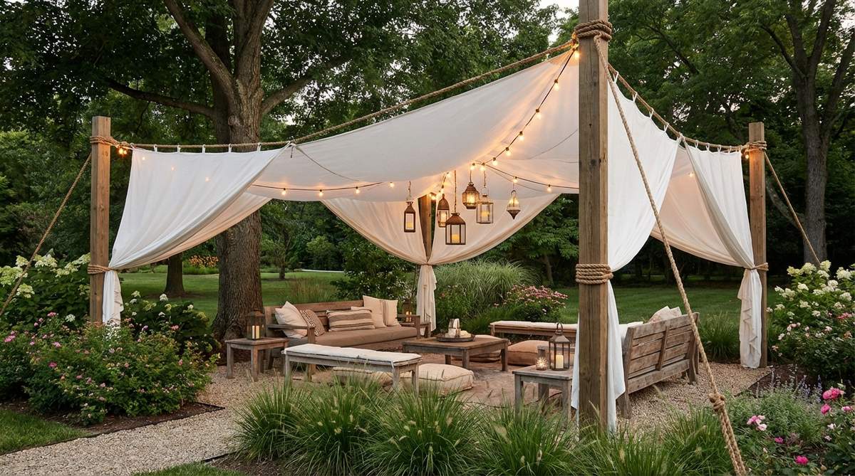 A large white fabric canopy suspended above a bohemian party area, providing shade and creating a soft, flowing visual effect with gentle movement from outdoor breezes. The canopy is anchored to sturdy posts or trees with heavy-duty rope, draped loosely for a relaxed appearance, and beautifully reflects evening lighting from string lights and lanterns underneath, transforming an ordinary yard into a defined event space.