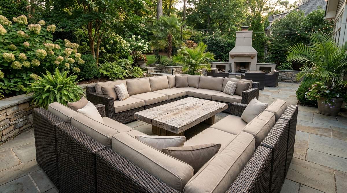 An all-weather wicker sectional with deep seating, arranged in an L-shape on a patio, featuring intricate weave patterns and durable solution-dyed acrylic cushions. The setup includes an oversized coffee table with a driftwood top, ideal for creating intimate conversation zones in coastal or humid outdoor environments.