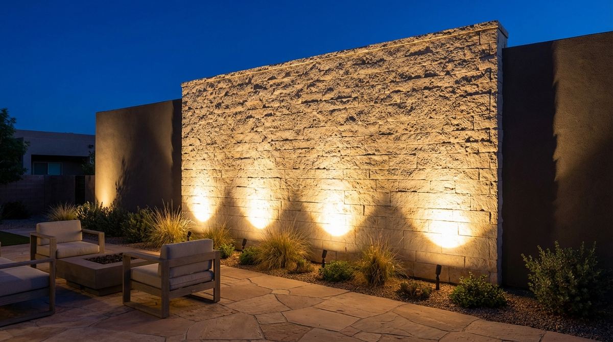 A modern garden scene at night, showcasing wide-angle facade uplights with 30-50 degree beams casting broad, uniform illumination on large architectural surfaces like stonework or stucco walls. The lights are positioned 18-24 inches from the base, spaced 6-8 feet apart, highlighting texture and reducing fixture count for cost-effective installation.