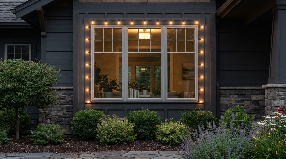 A close-up view of a window frame outlined with warm white string lights, showing clean installation using adhesive clips on exterior trim. The glowing rectangular outline creates symmetry against the dark facade, with interior lighting visible through the glass.