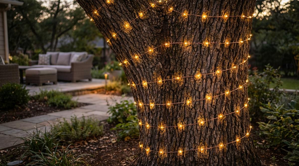 A close-up photo showing thin copper wire fairy lights wrapped around a mature tree trunk, creating a spiral pattern with 6-8 inch spacing between coils. The solar-powered lights glow warmly, transforming the tree into a vertical light column that anchors an outdoor decor party space and guides guests through a garden at night.