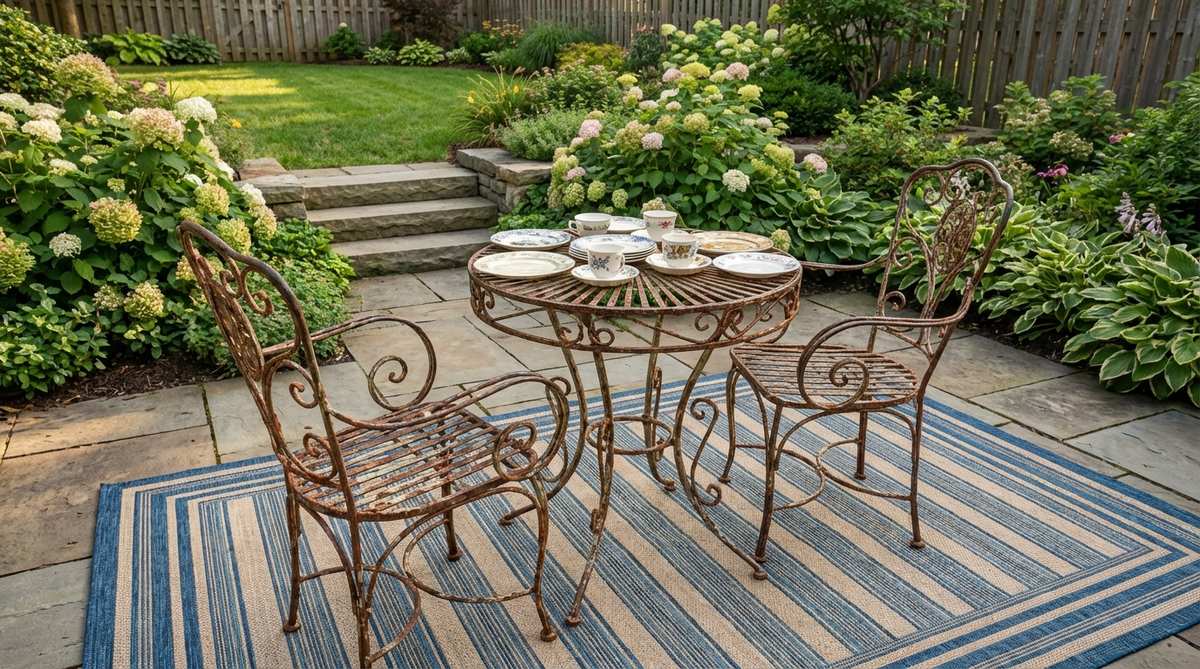 An antique wrought iron bistro set featuring ornate scrollwork and weathered finishes, placed on a small patio with a striped outdoor rug and mismatched vintage plates. The decorative metalwork shows authentic chipping and rust, preserved with a clear sealant to maintain its vintage character while protecting against corrosion.