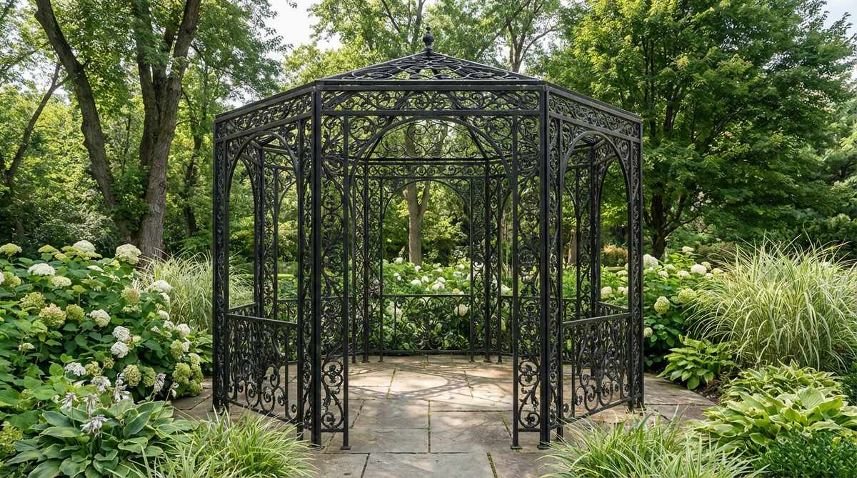 A hexagonal wrought iron gazebo frame with intricate scrollwork patterns, positioned at a garden focal point. The open-work construction allows for air circulation while providing shade structure, finished in antique black to complement mature landscaping.