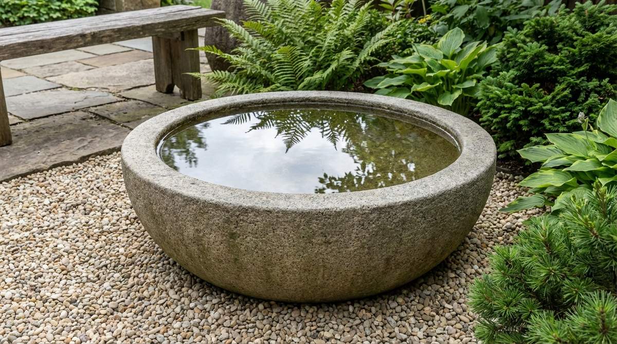A close-up view of a Zeni Bachi coin-shaped bowl, a traditional Japanese garden water feature, showcasing its smooth, shallow circular design that mimics ancient coins, placed in a small courtyard garden with pea gravel and reflecting the sky and surrounding vegetation to enhance Zen aesthetics.