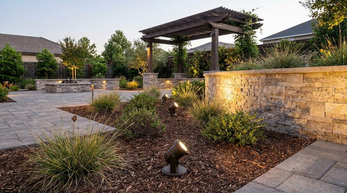 An image showing adjustable in-ground spotlights installed in a modern garden, with gimbal-mounted lamp heads tilted to graze walls and highlight architectural features from discreet planting beds.