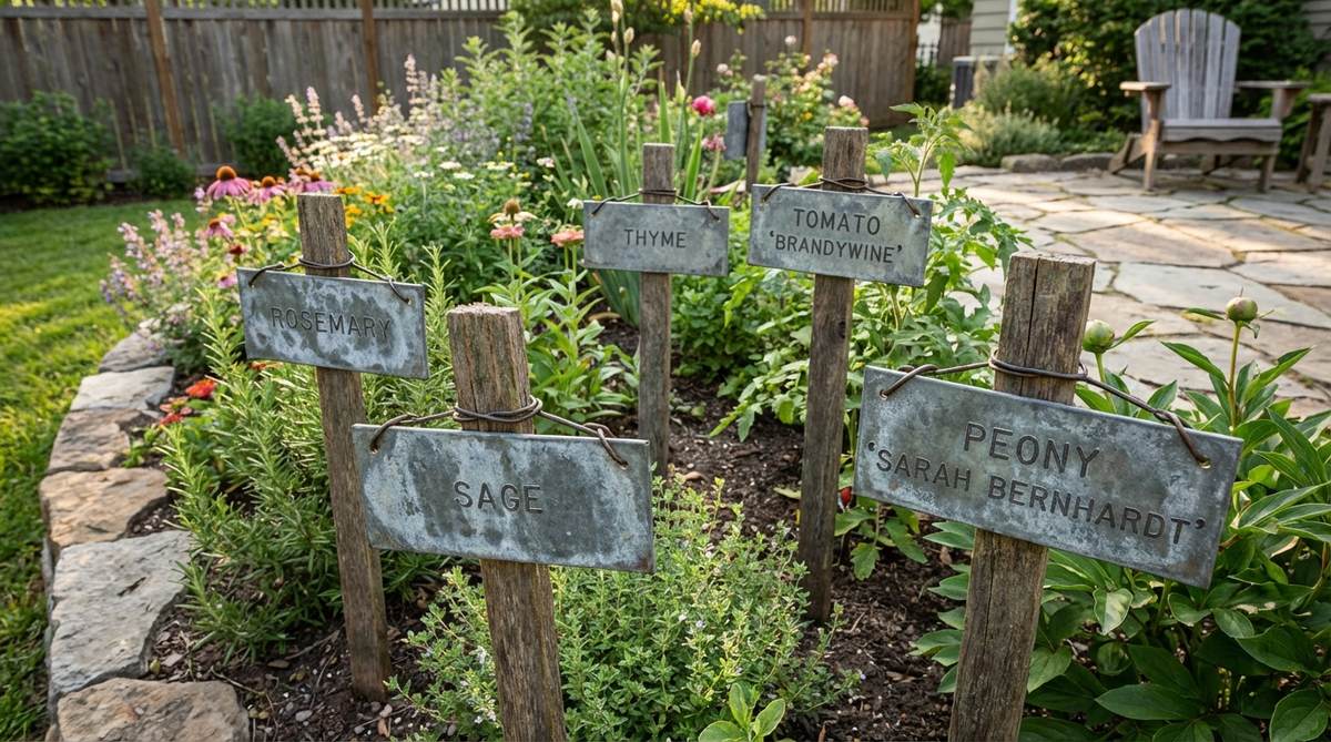 Aged zinc plant markers with stamped or etched plant names, showcasing a mottled gray patina that blends subtly into rustic garden settings. These markers are designed to be wired to stakes or attached to wooden labels, offering a durable and aesthetically pleasing option for identifying plants in rustic decor.