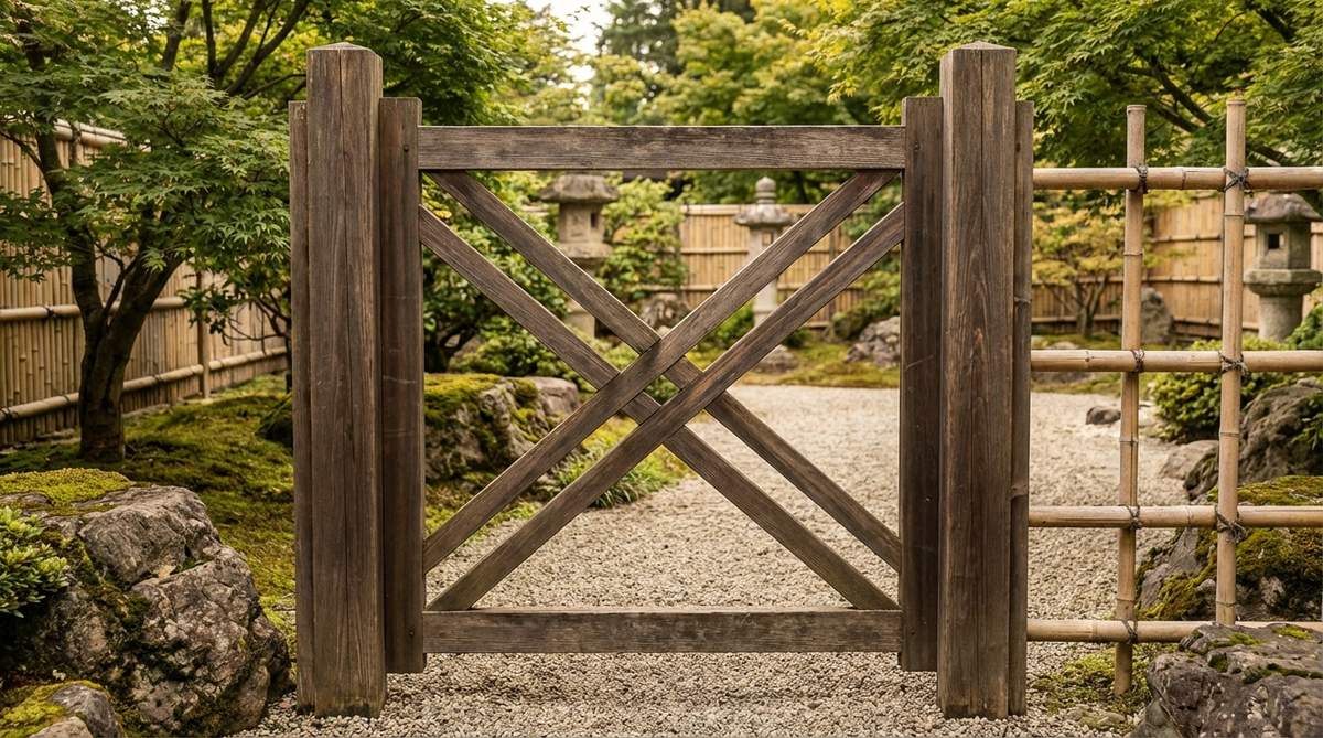 A traditional Japanese garden gate featuring diagonal bracing members at 45-degree angles, creating structural triangulation within a rectangular post-and-beam frame. The angled lines add dynamic visual movement to the simple composition, with traditional housed joints notched into posts and rails. This braced gate exemplifies structural logic as a design feature, suitable for gardens emphasizing craftsmanship and traditional building methods.