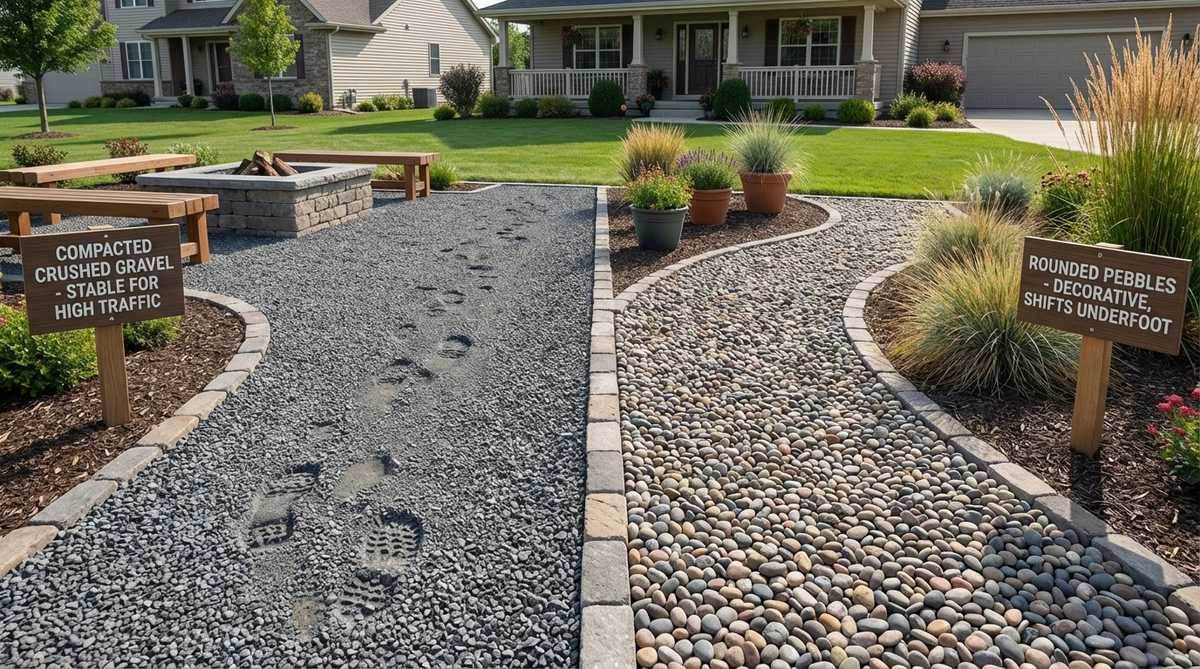 A detailed comparison showing angular crushed gravel that compacts firmly versus rounded pebbles that shift underfoot, illustrating their different applications in gravel garden design for functional zoning and maintenance considerations.