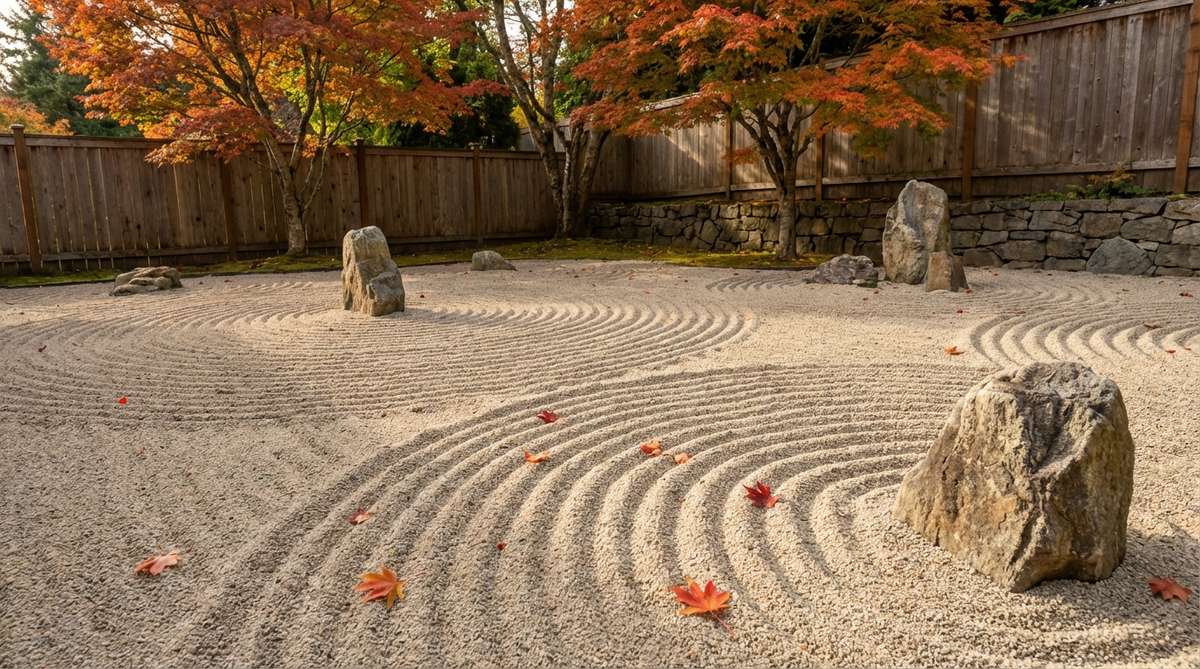 A serene zen garden sand pattern featuring gentle, overlapping curves that mimic the natural drift of falling maple leaves on water, symbolizing seasonal transition and the Buddhist concept of impermanence. Ideal for gardens with maple trees to enhance visual harmony.