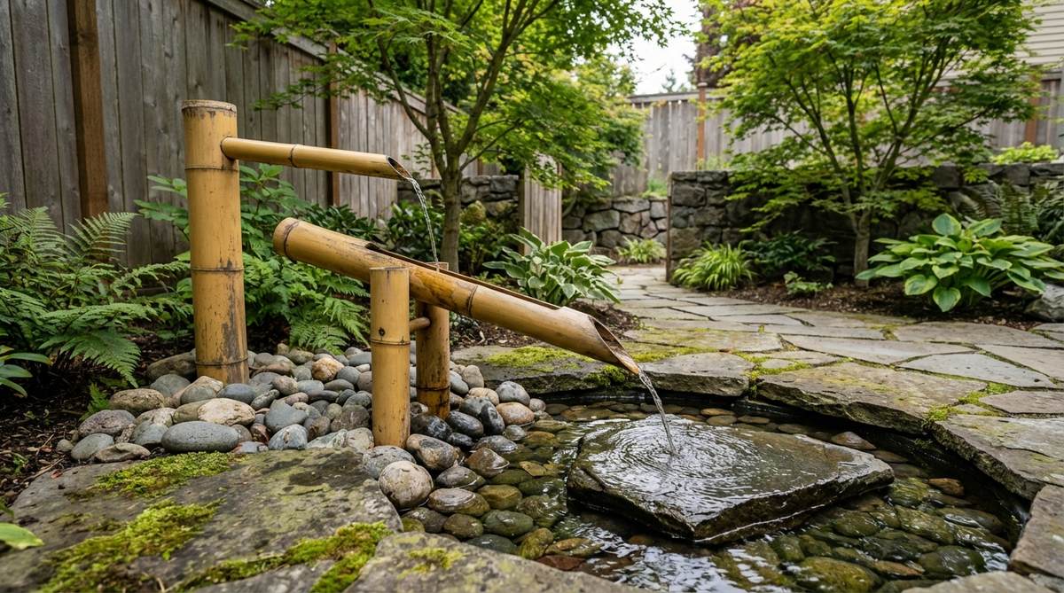 A traditional shishi-odoshi bamboo water feature with a pivoting bamboo arm that fills with water and tips to strike a stone, creating rhythmic sounds. The golden bamboo and simple mechanical design complement Asian-influenced garden decor.