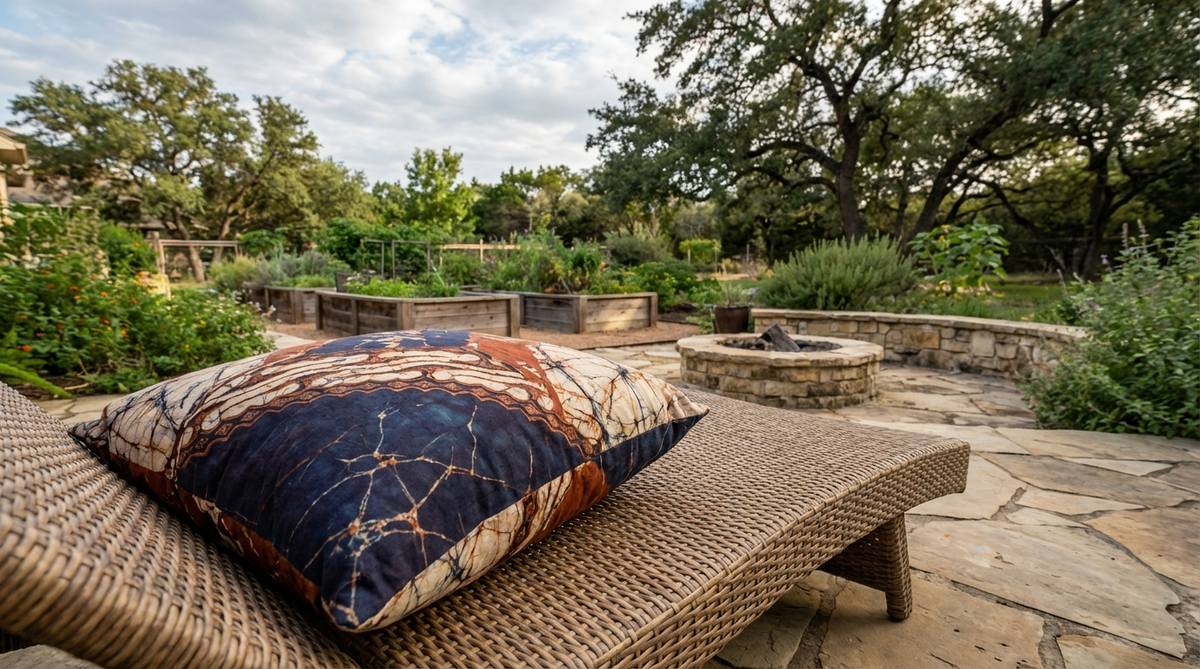 A boho decor pillow featuring Indonesian batik wax-resist print with intricate patterns and characteristic crackle lines, suitable for outdoor styling and available in traditional indigo to contemporary multicolor designs.