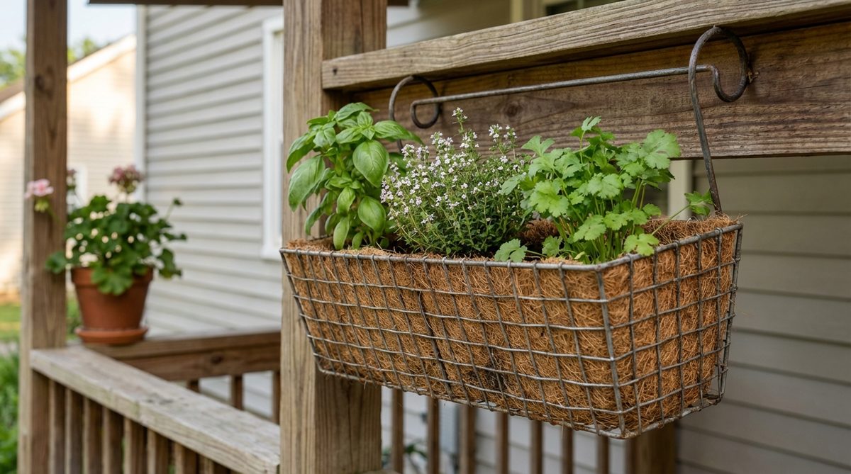 A vintage wire berry basket lined with coir, holding individual herb varieties such as basil, thyme, and cilantro. Hung from porch hooks for vertical kitchen garden access, with open weave providing excellent air circulation around roots. Ideal for spring outdoor decor and frequent harvesting to prevent bolting in warm weather.