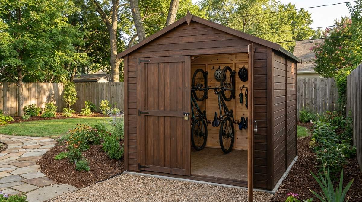 A compact bike storage shed measuring 3x7 feet with an apex roof, designed for small gardens. Features interior bike racks mounted to walls holding 2-4 bicycles vertically, plus hooks for helmets and cycling accessories. Made from weather-resistant steel or pressure-treated timber with a lockable door for secure bicycle and outdoor gear storage.