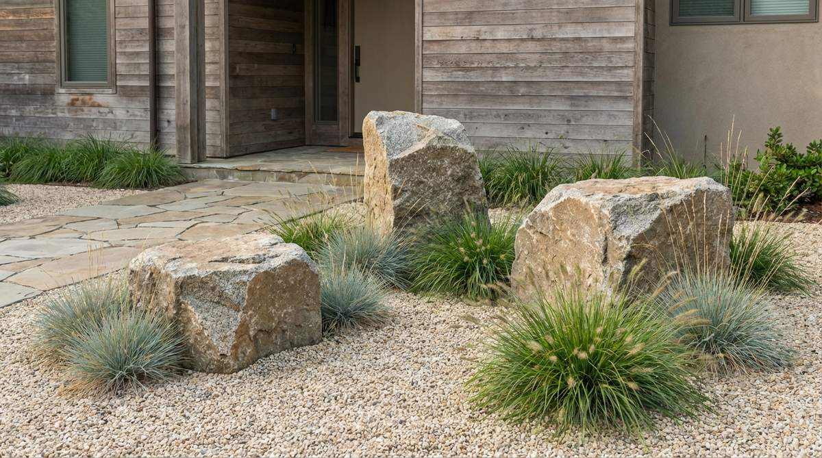 A minimalist small front garden design featuring three large boulders arranged asymmetrically as sculptural focal points. The natural stones are surrounded by fine gravel and low grasses, creating a permanent, low-maintenance landscape with year-round structure that grounds contemporary garden designs.