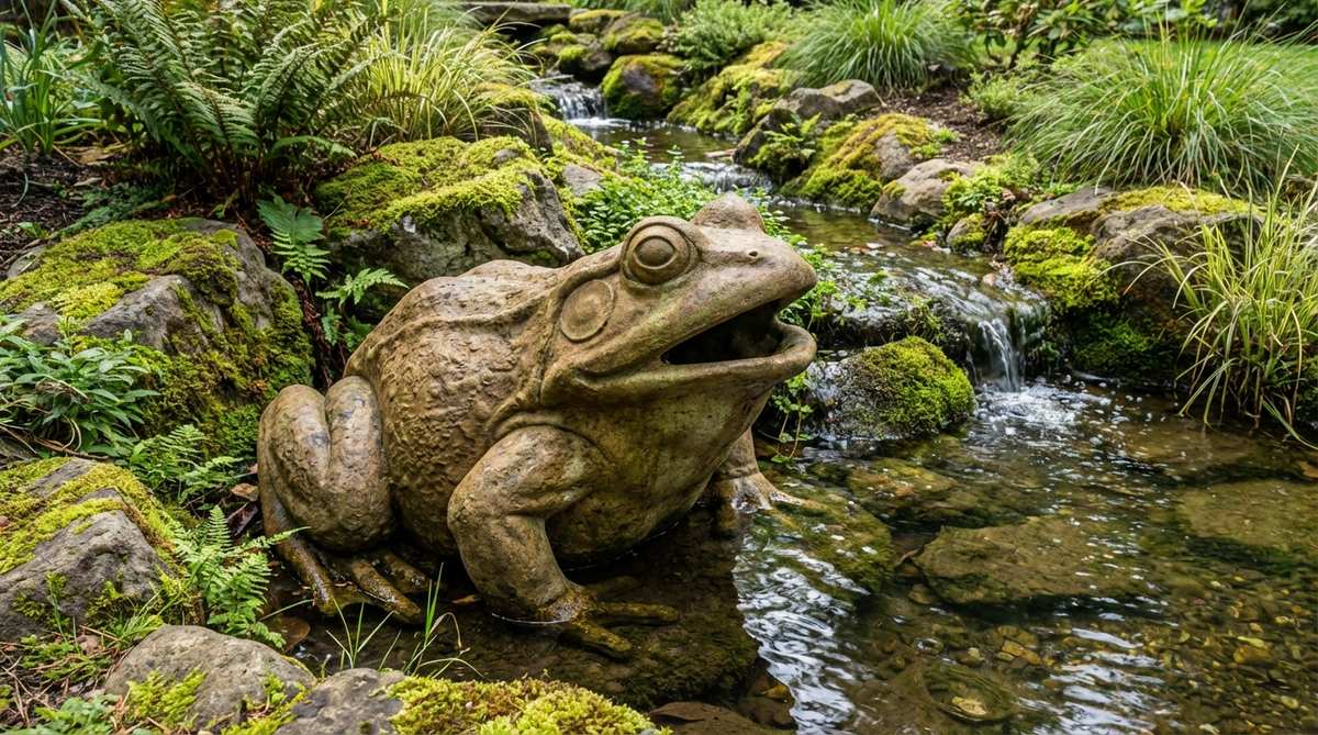 A large bullfrog sculpture with open mouth, ideal for garden ponds or stream beds. This realistic garden decor features textured skin and horizontal posture, designed to be positioned low to ground or partially submerged for natural water feature enhancement.