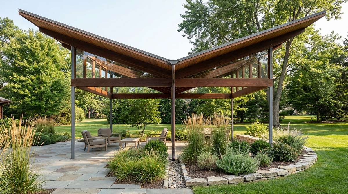 A mid-century modern garden pavilion featuring a distinctive butterfly roof with angled rooflines meeting at a central valley, showcasing exposed structural beams and minimal posts that maintain open sightlines while providing weather protection. The design exemplifies mid-century optimism and architectural innovation, with the roof valley oriented to channel rainwater toward planted garden areas or collection systems.