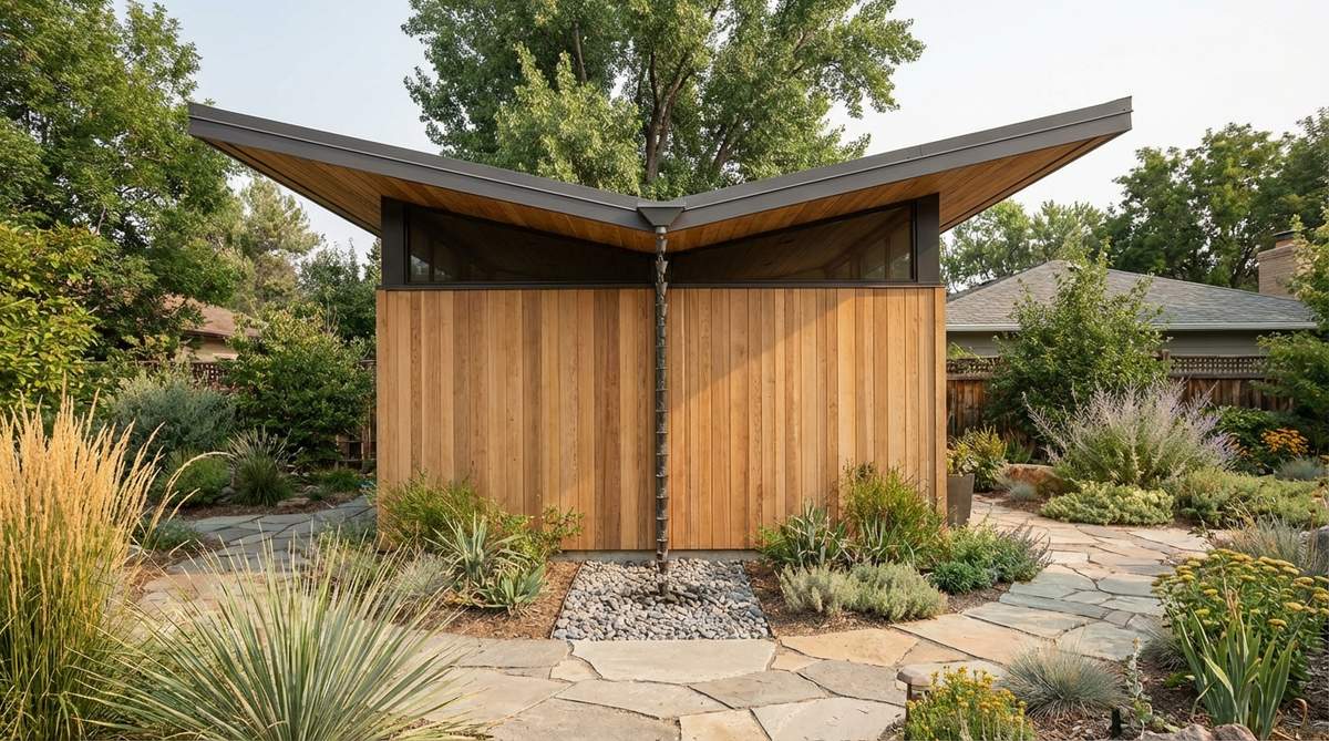 A contemporary garden shed featuring a striking butterfly roof with two opposing slopes meeting at a central valley, showcasing dramatic upswept edges and clean architectural lines, designed for rainwater collection and modern landscape integration.