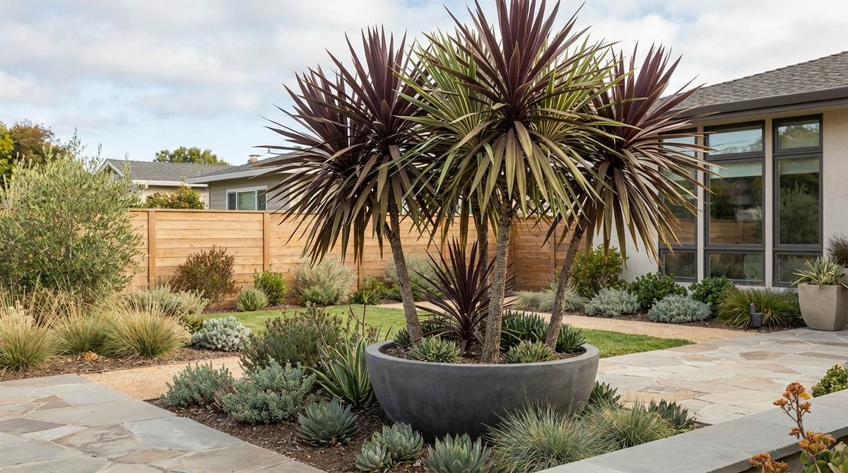 Cordyline australis, or cabbage tree, showcasing its fountain-like foliage clusters atop slender trunks, creating a dramatic tropical focal point in a minimalist modern garden setting. This architectural plant, available in green, burgundy, and variegated cultivars, is ideal for vertical emphasis in containers or open beds, suitable for both coastal and urban landscapes.