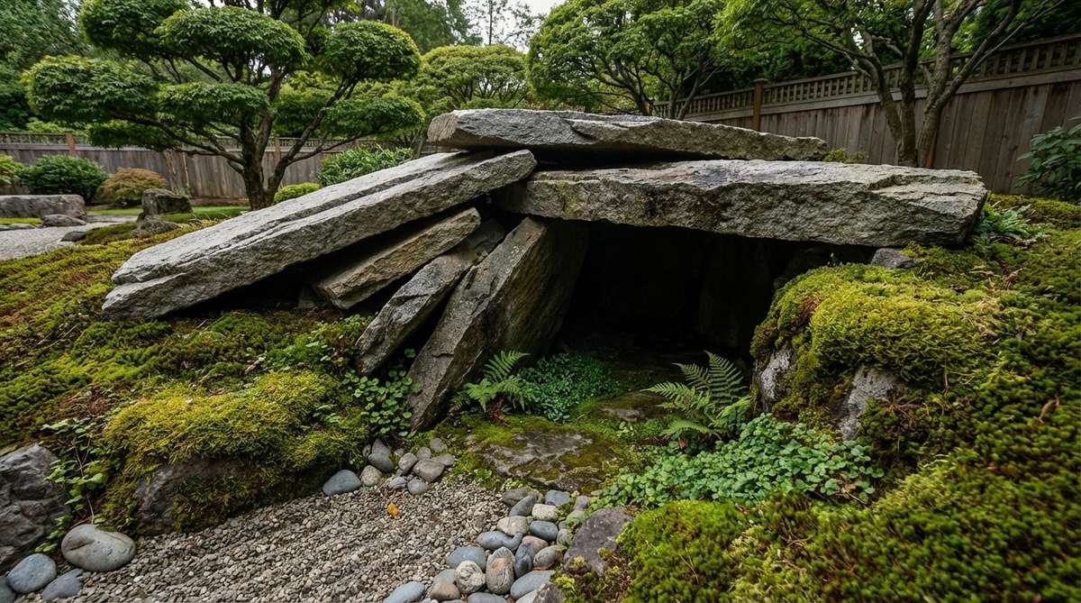 A Japanese stone garden feature showing large flat stones leaning together to create a cave-like void, with moss planted heavily around the opening suggesting a sheltered microclimate. The composition demonstrates how negative space and void contribute equally to spatial design in traditional Japanese gardens.