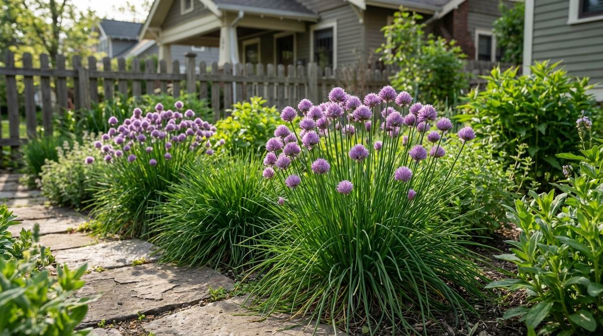 A close-up image of chive plants with spherical purple flowers on 12-inch stems, blooming in late spring. The grasslike foliage forms neat mounds, ideal for edging pathways or front borders in a small garden cottage setting, highlighting both ornamental and culinary uses.