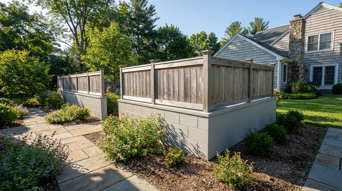 A durable small garden fence featuring smooth-faced concrete blocks as a sturdy base with cedar panel top sections. This hybrid design offers hurricane resistance in storm-prone areas while providing privacy through the natural wood panels. The concrete blocks can be painted or stuccoed to match house colors, while the cedar weathers to a silver patina for an attractive contrast.