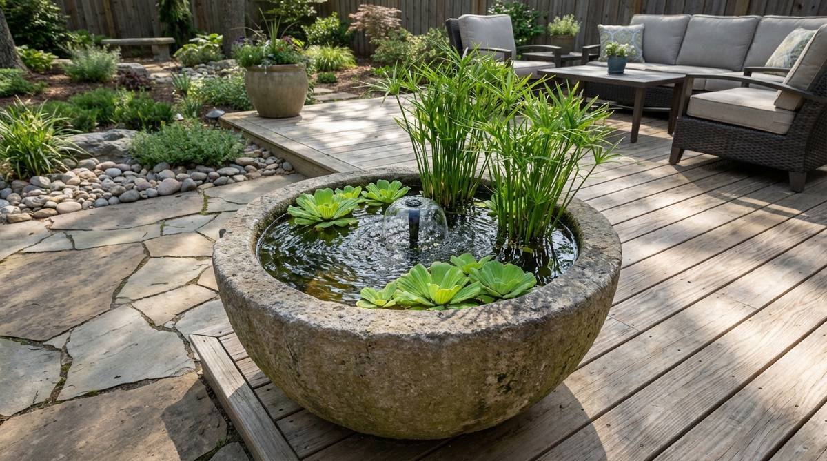 A large ceramic container or repurposed stone vessel functioning as a self-contained water feature on a patio or deck, featuring gentle water circulation from a small submersible pump and aquatic plants like dwarf papyrus or water lettuce.