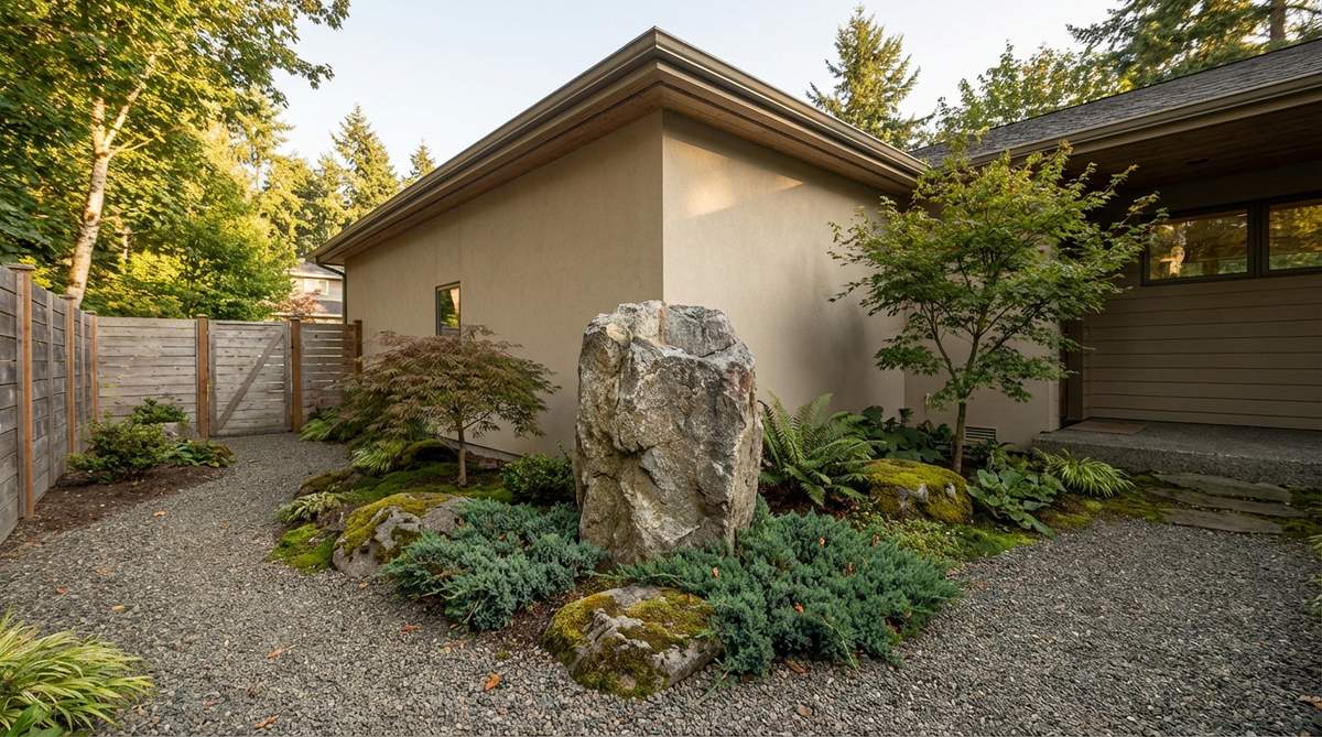 A dramatic boulder placed in a garden corner to soften architectural edges and connect building to garden, exemplifying zen garden principles with a strong vertical presence of 3-5 feet tall.