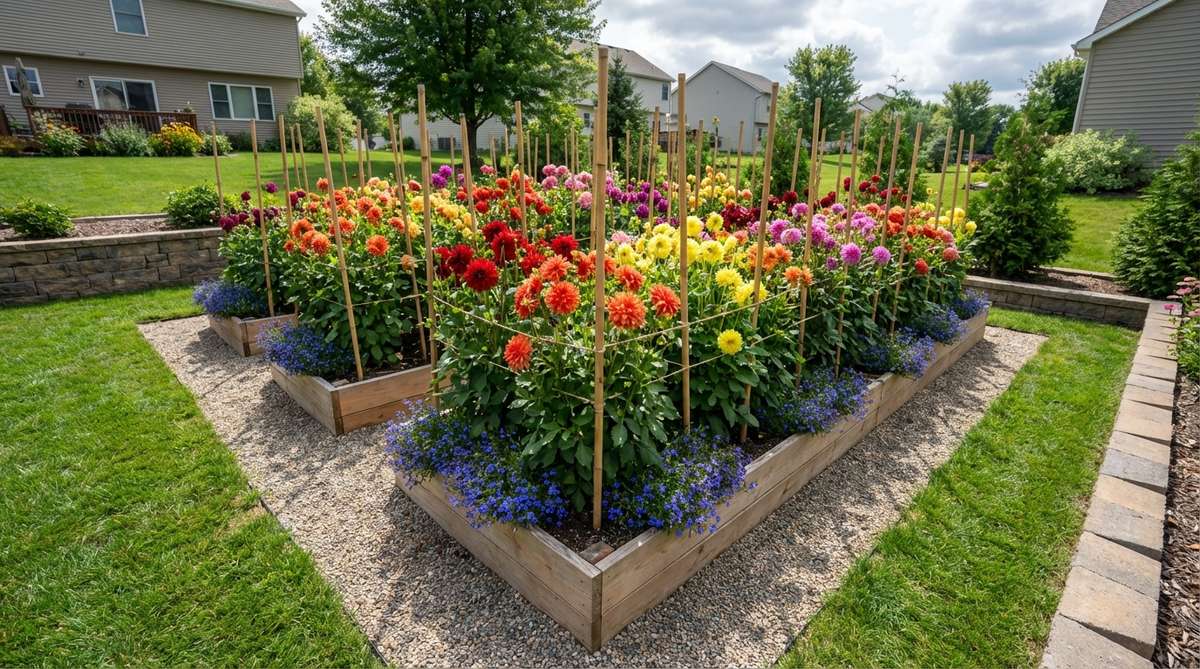 A raised garden bed filled with vibrant dahlias in full bloom, showcasing a grid planting pattern with stakes for support and low-growing annuals like lobelia at the base, highlighting the sharp drainage and ease of maintenance in raised bed gardening.