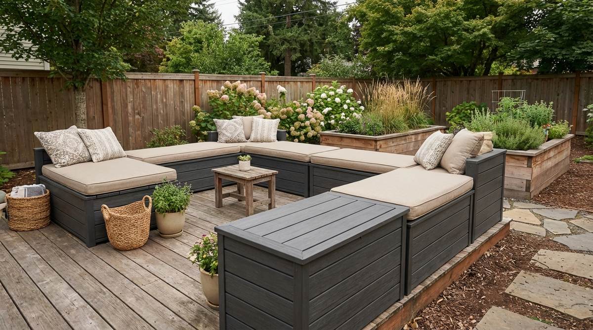 Weatherproof deck boxes with flat lids arranged as seating in a small garden space, featuring cushions for comfort and serving dual purposes as storage units for gardening supplies or outdoor accessories.