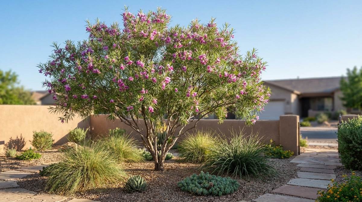 A desert willow tree showcasing orchid-like pink or purple flowers blooming from spring through fall, with willow-like leaves and an airy canopy that provides light shade, ideal for underplanting in small gardens. This drought-adapted tree thrives in heat and low humidity, suitable for southwestern zones 7–9, planted in fast-draining soil and requiring deep but infrequent watering.