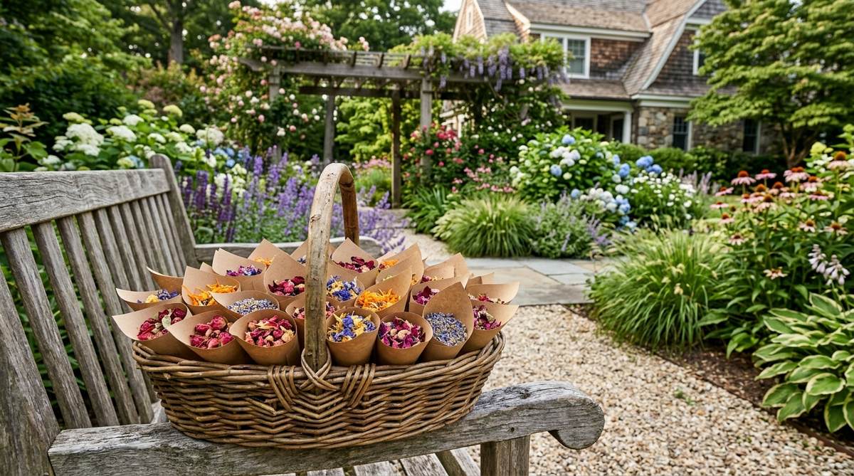 Paper or fabric cones filled with dried wildflower petals like roses, calendula, and delphinium, arranged in a rustic basket or wooden crate as an eco-friendly confetti alternative for boho wedding ceremonies.