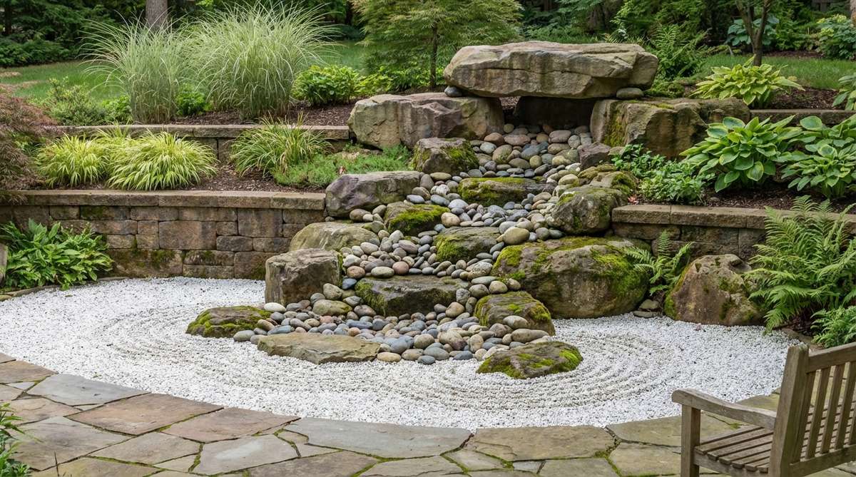A traditional Japanese garden dry waterfall (Karetaki) featuring carefully arranged stones that mimic the form and flow of a waterfall without water. Larger stones are stacked at the top with progressively smaller stones below, creating a visual cascade, while white gravel at the base represents splash zones. This design element symbolizes waterfalls in water-scarce gardens and invites imaginative participation in the garden's narrative.