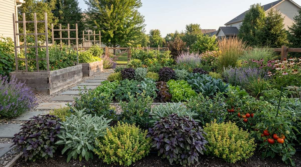 A productive yet relaxed garden bed mixing herbs, berries, and compact vegetables with ornamental perennials and shrubs. The design features repeating foliage shapes and coordinated colors to create a tidy, integrated space that saves room in smaller yards.